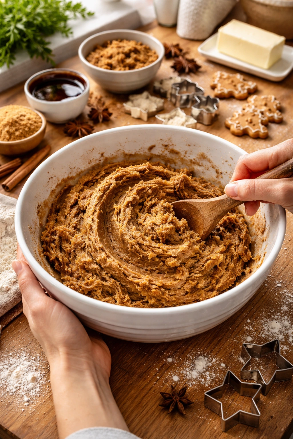 Dough being mixed by hand in a bowl on a bright kitchen counter