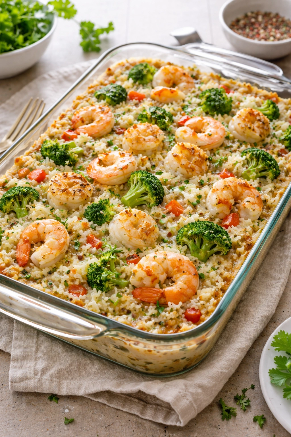 Creamy seafood and rice casserole with shrimp and scallops