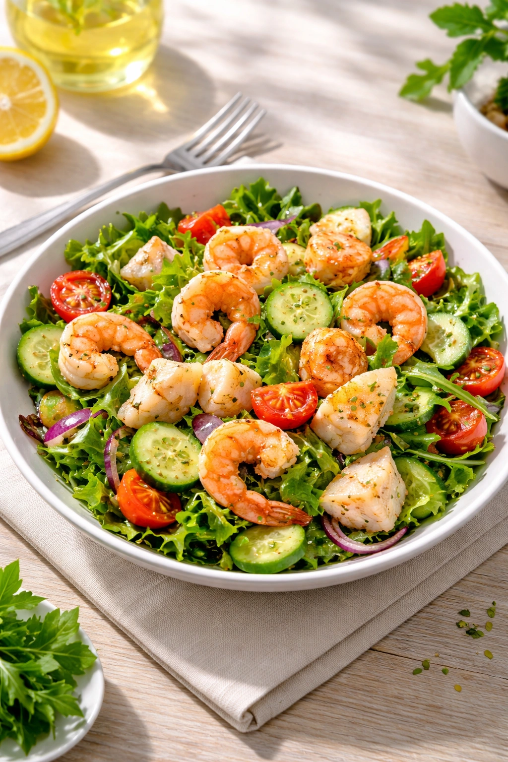 Photorealistic seafood salad with shrimp and greens, perfect for lunch.