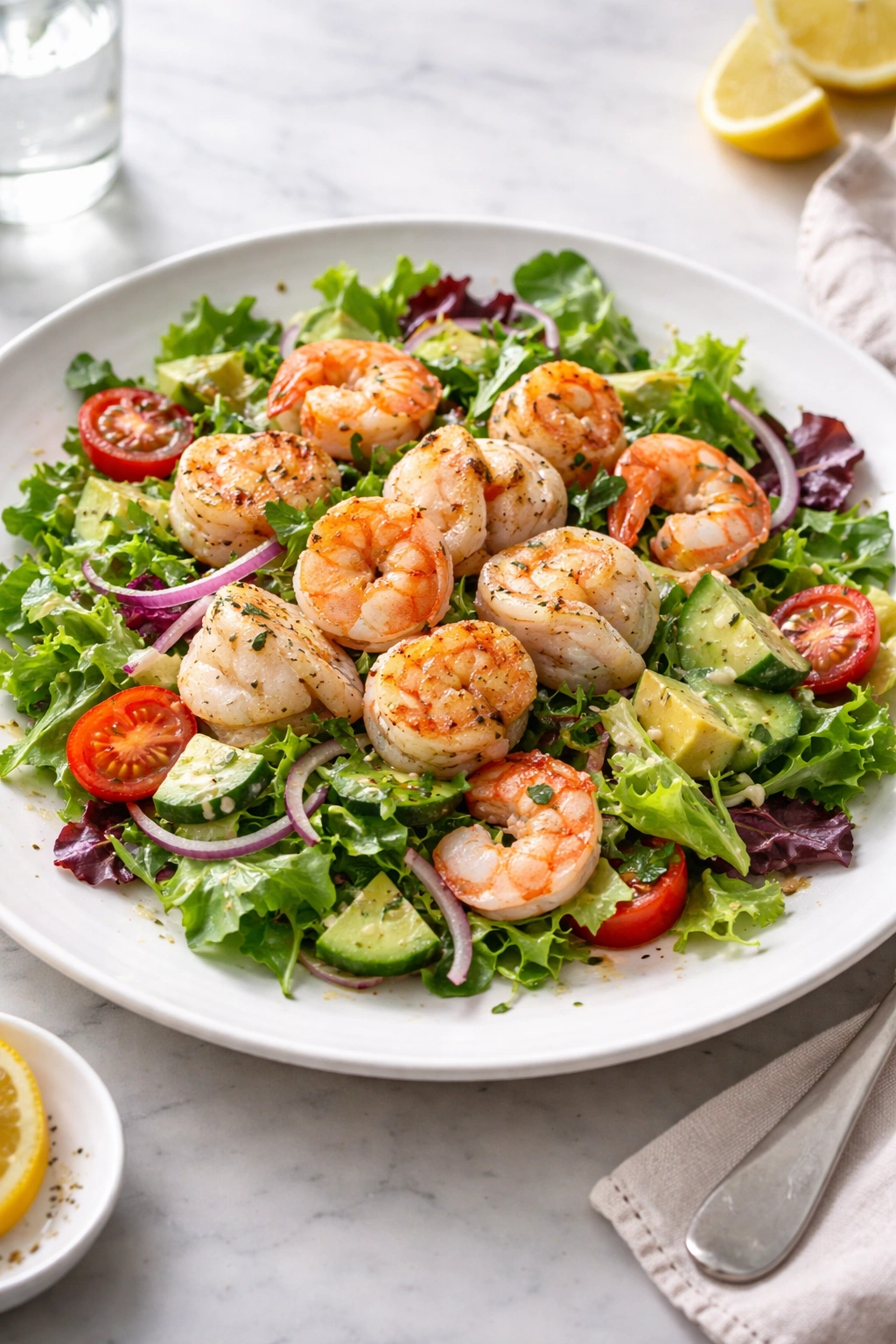 Close-up of a finished seafood salad on a white plate with greens and tender seafood pieces