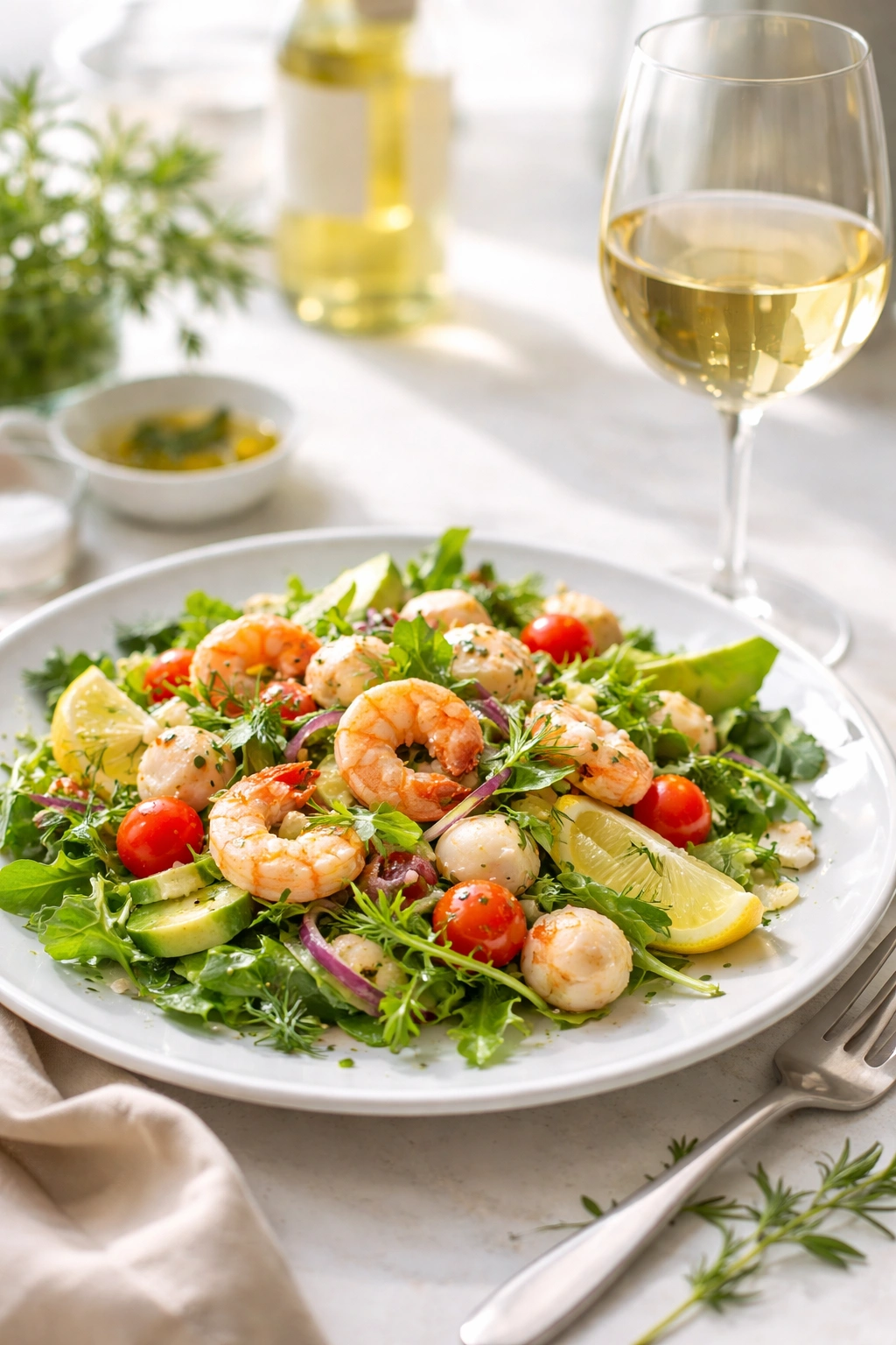 Seafood salad plated with white wine pairing in elegant dining setup