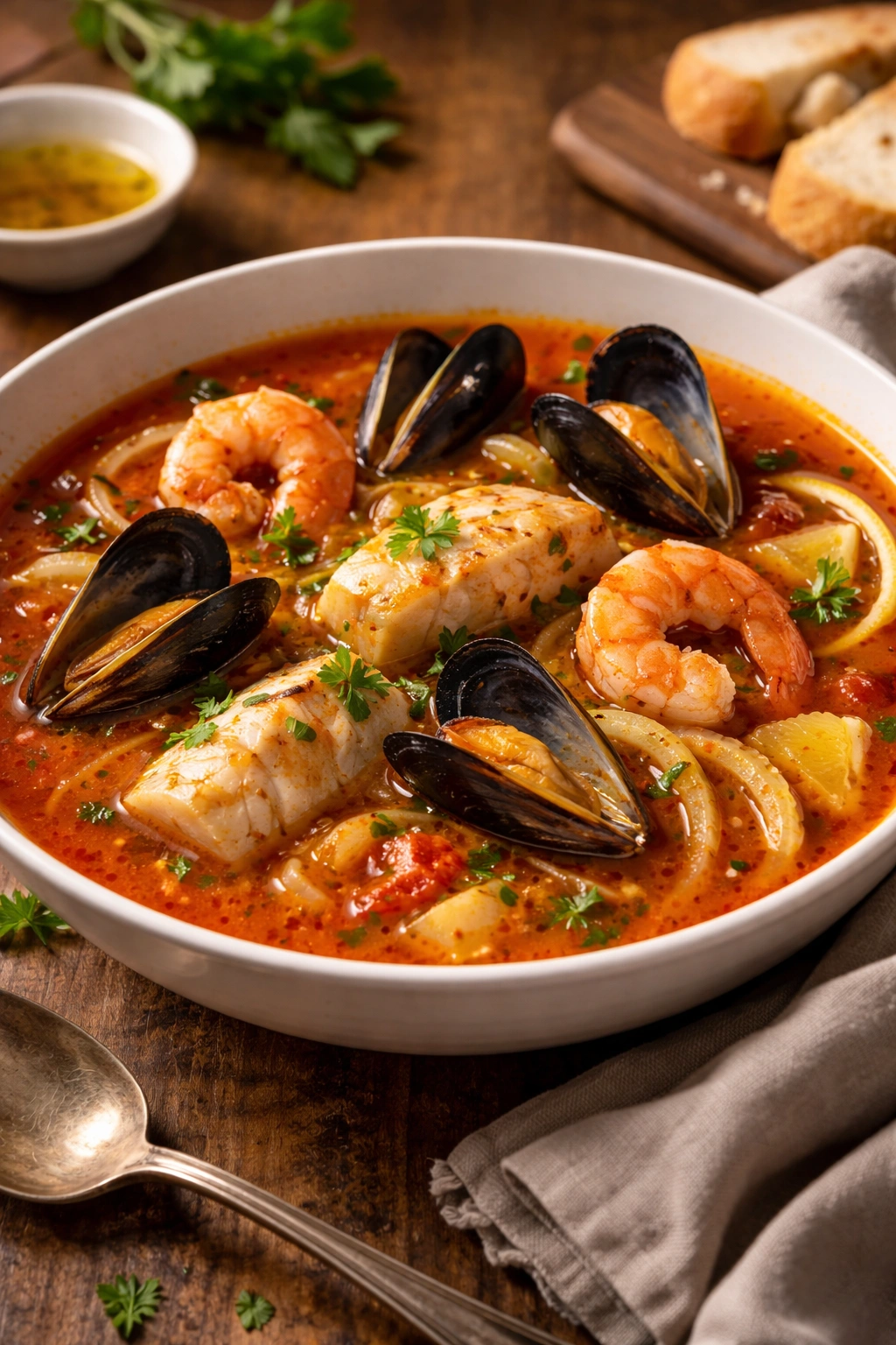 Seafood stew with saffron-tenned tomato broth and fennel