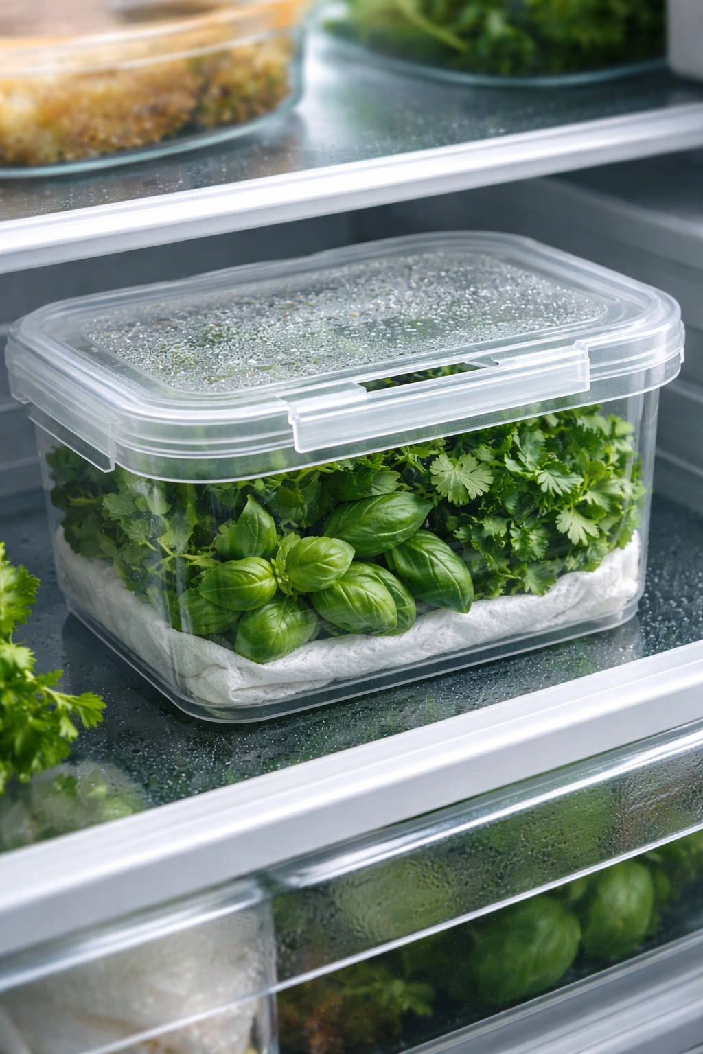 Herbs in a vented sealed container with damp towels inside.