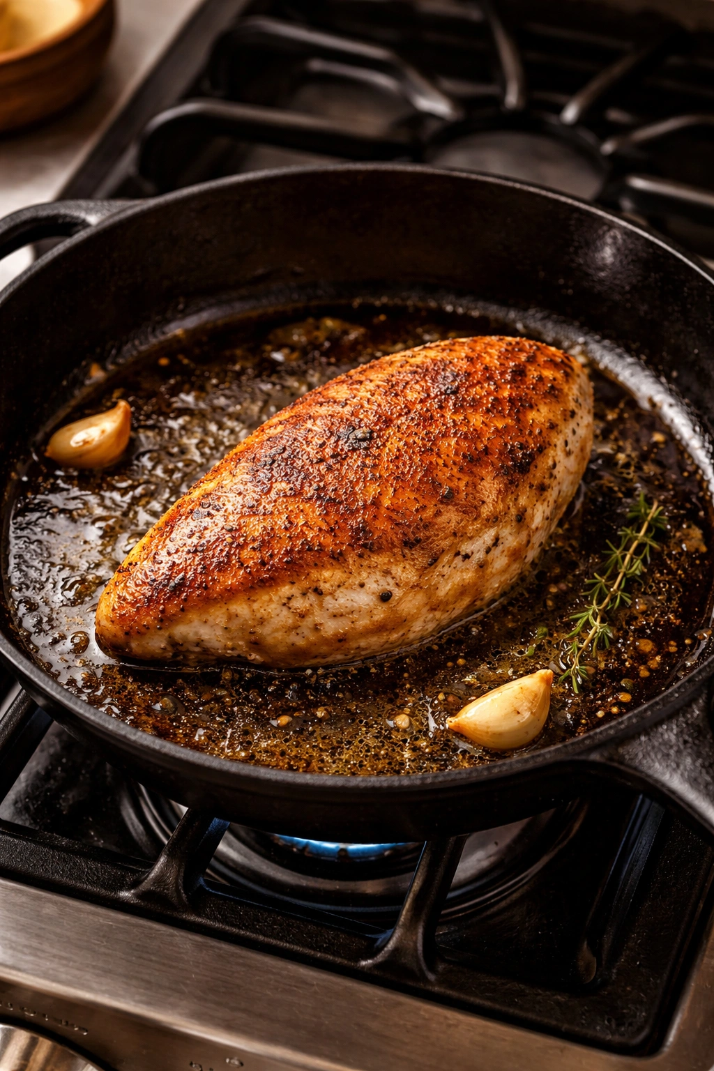 Chicken breast searing in a hot skillet to form a crust.