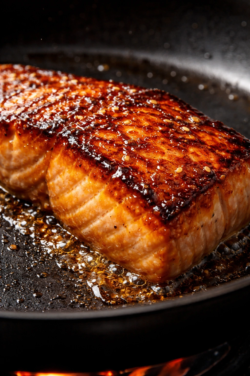 Golden crust forming on a seared surface, showing Maillard browning texture.