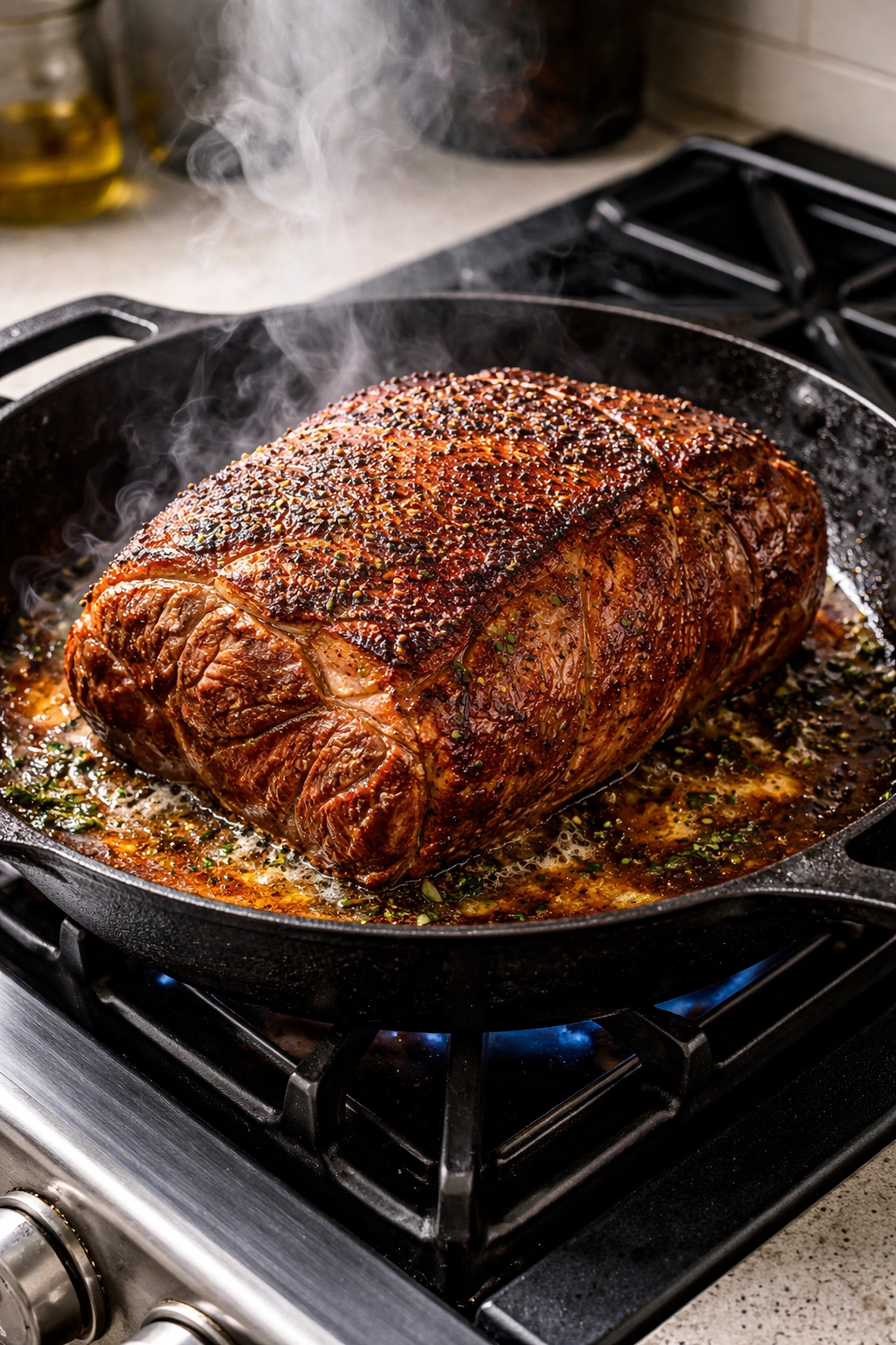 Beef roast searing in cast-iron skillet forming golden crust
