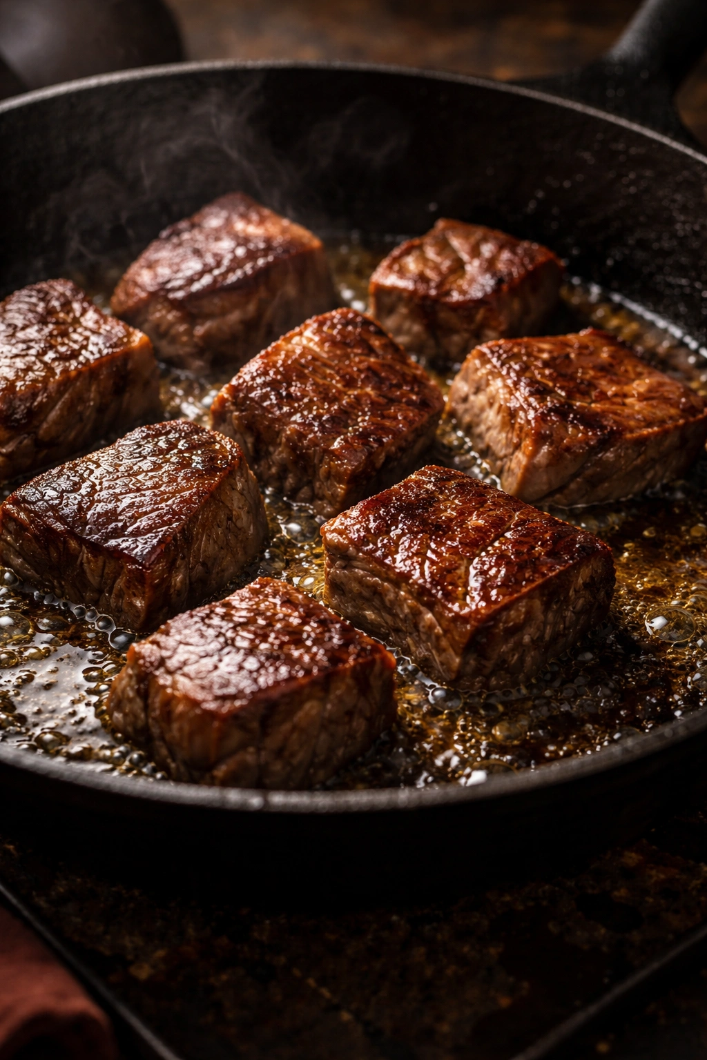 Beef pieces with deep brown crust searing in a cast iron pan