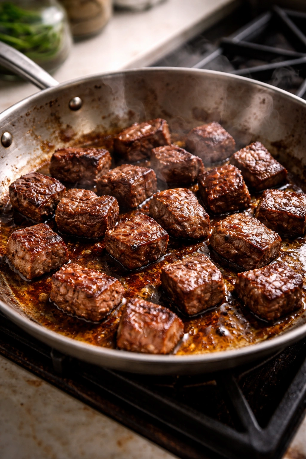 Beef browning in a pan forming a crust with fond