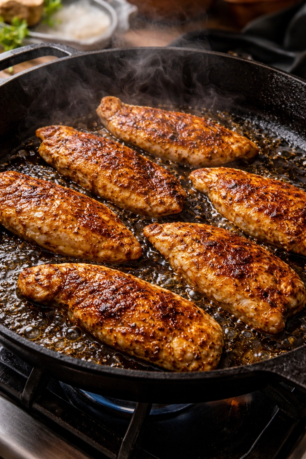 Close-up of chicken searing to golden brown in a cast-iron skillet