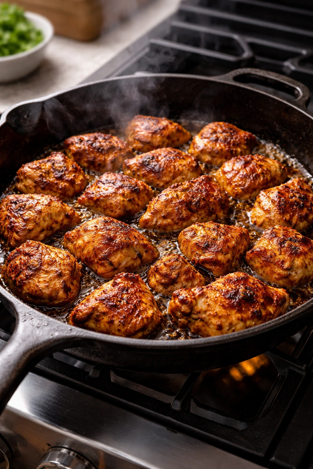 Chicken browning in a cast-iron skillet