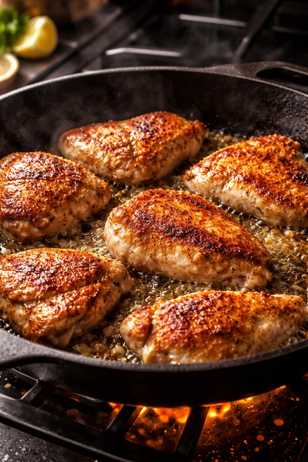 Golden seared chicken with crust forming in a hot skillet