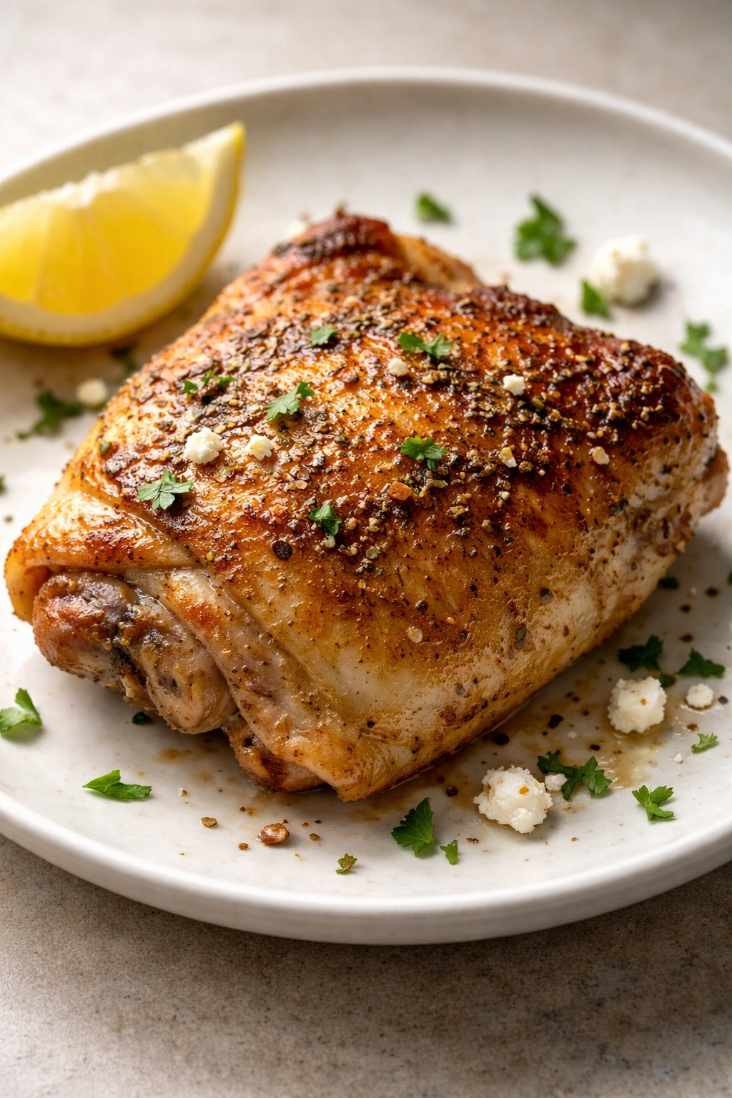 Seared chicken thigh with crispy skin on a plate