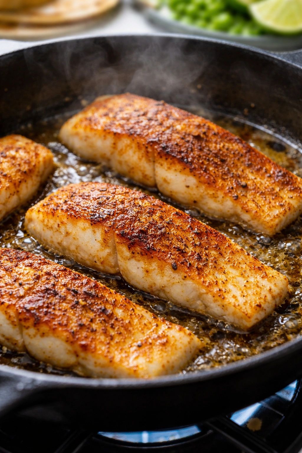 Fillets searing in a skillet with a golden crust