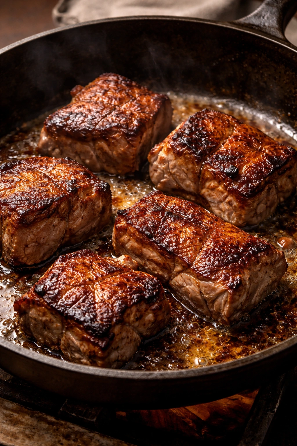 Pork shoulder pieces with a deep golden brown seared crust in a skillet
