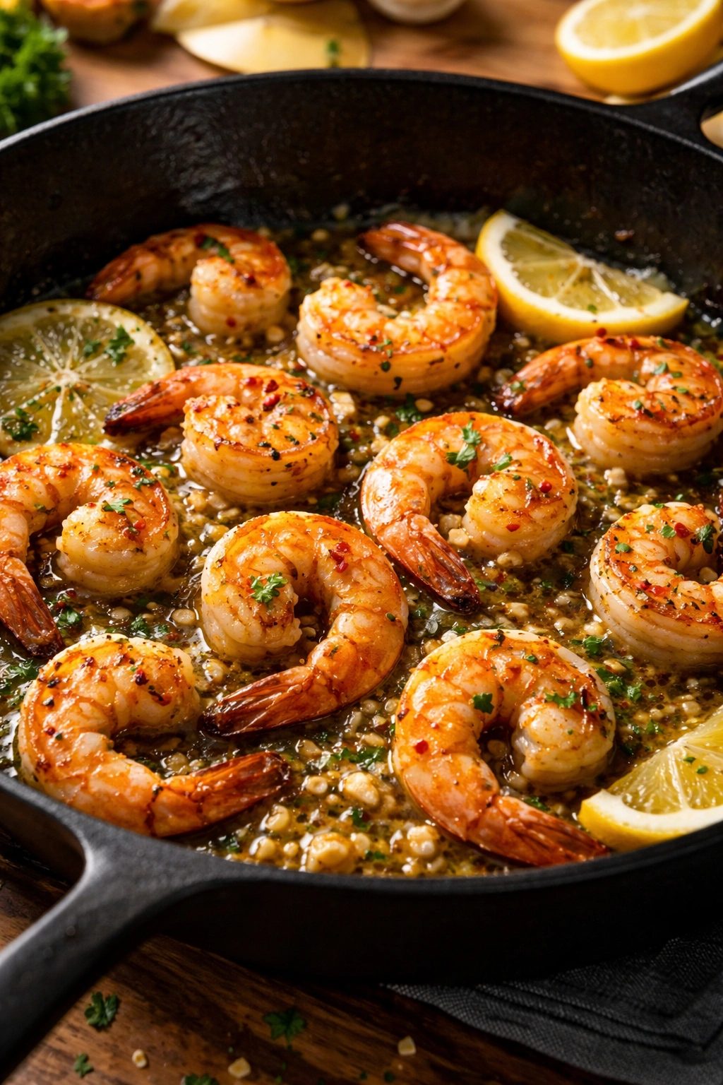 Shrimp browning in hot pan with butter and oil.
