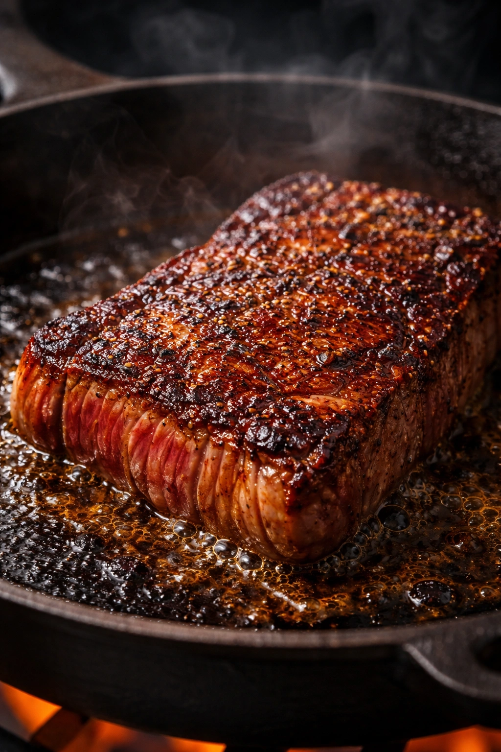 Seared steak crust forming on cast-iron skillet