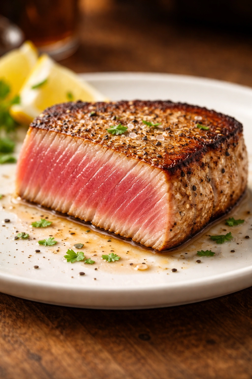 Close-up of perfectly seared tuna steak on plate