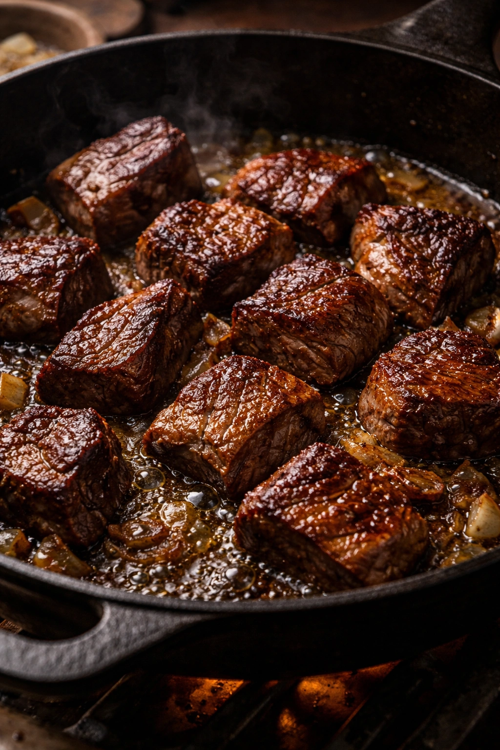 Searing beef chunks in a hot skillet