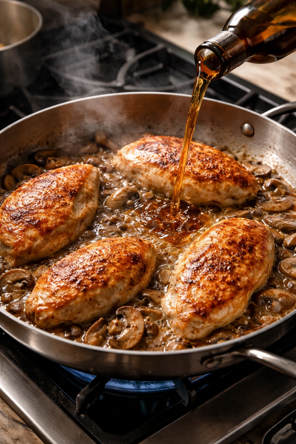 Chicken searing in a hot skillet with a golden crust