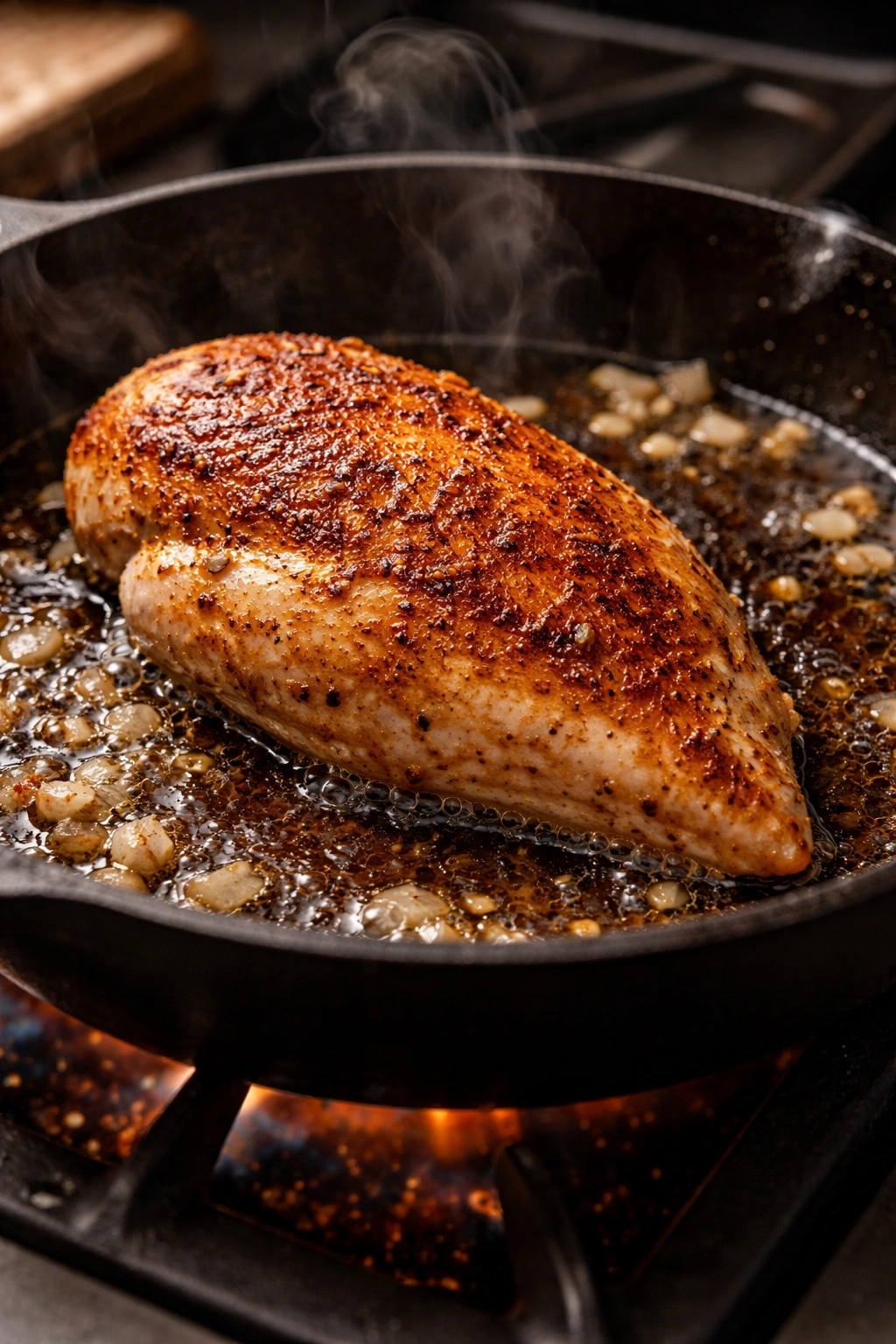 Close-up of browning chicken breast in a cast-iron skillet on the stove