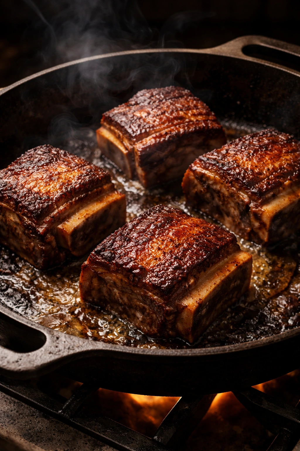 Crusty seared short ribs in a cast-iron pan