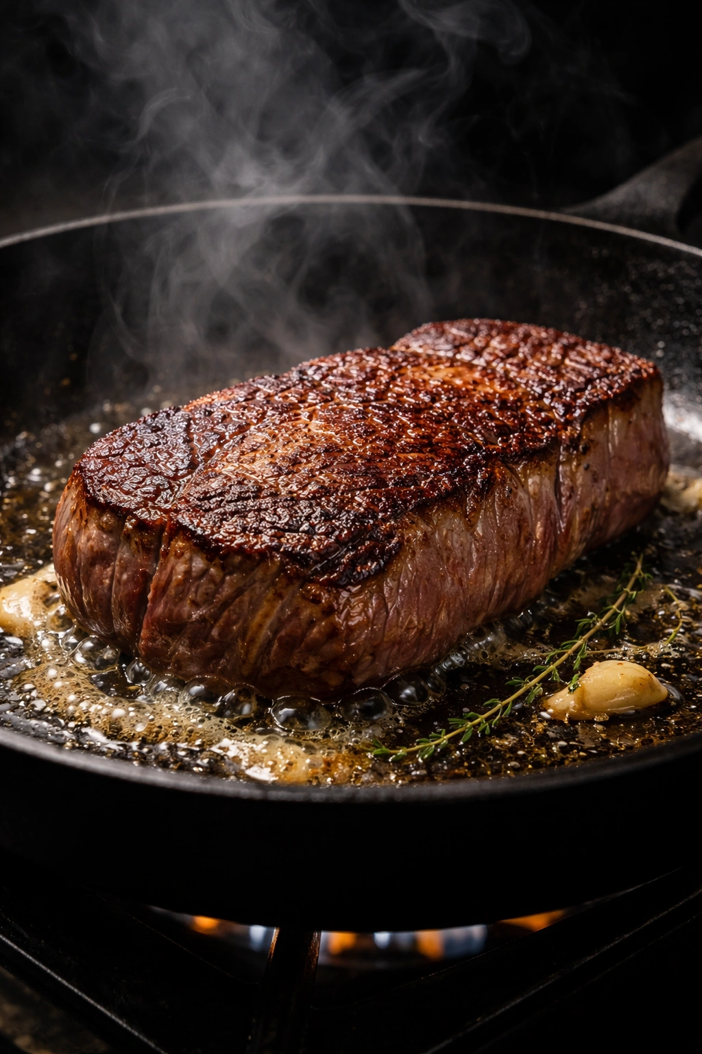 Steak searing to brown crust in a hot pan