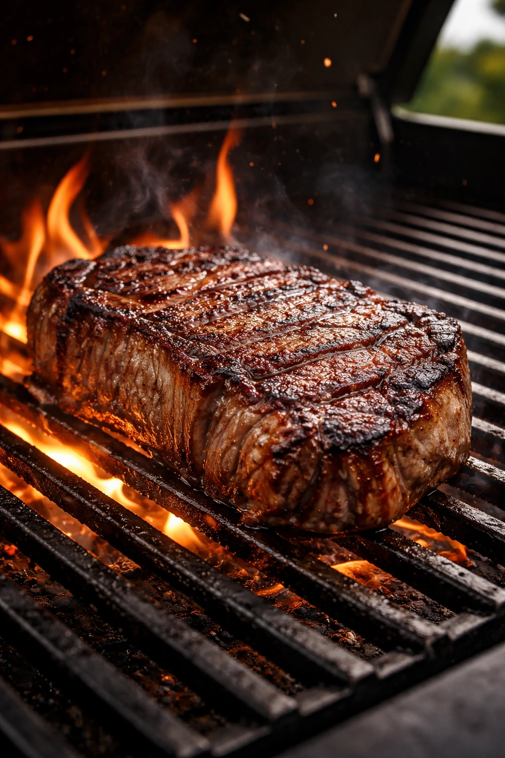 Close-up of a steak searing on a hot grill grate forming a golden crust