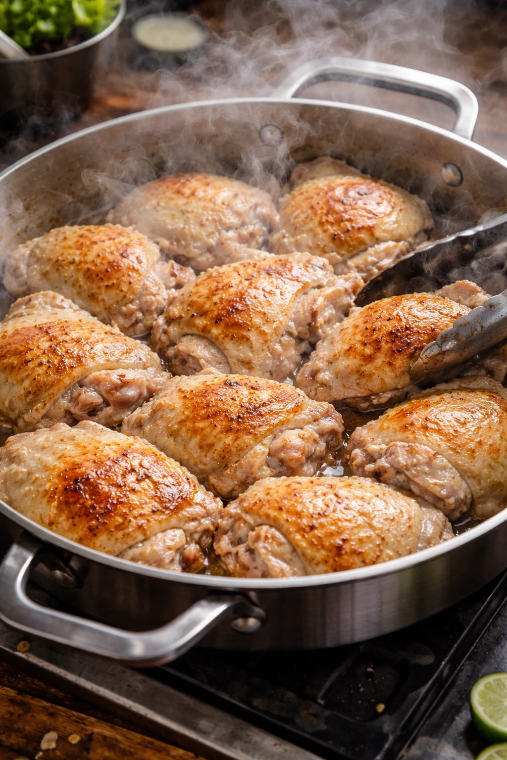 Overcrowded pan with chicken browning unevenly to illustrate common searing mistakes