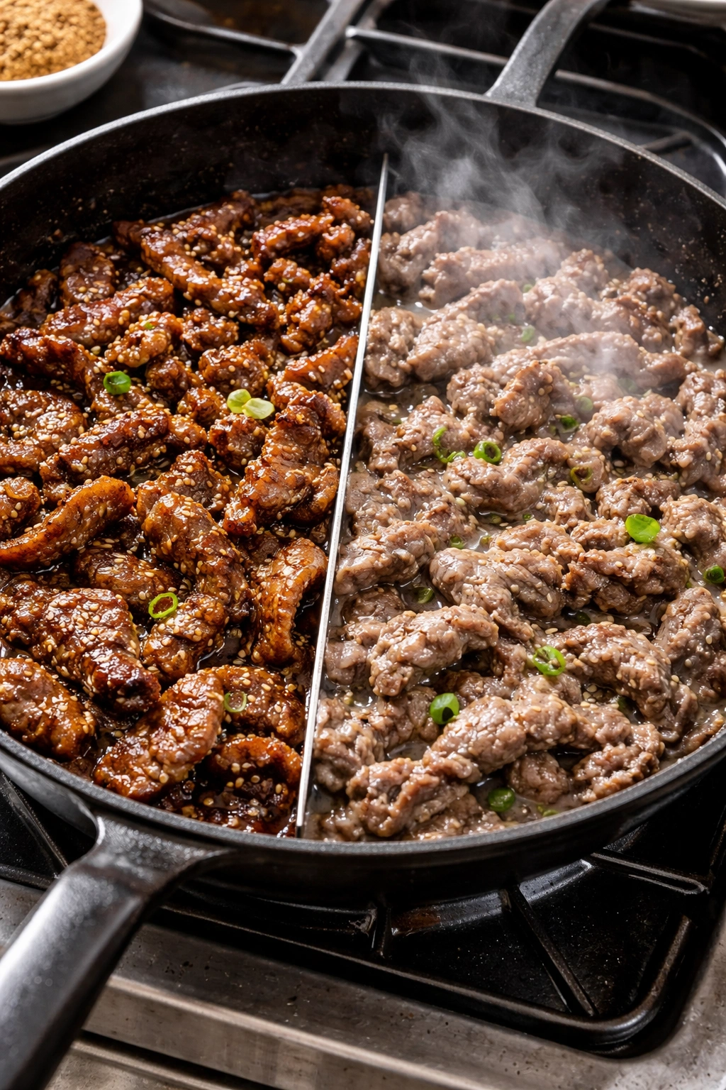 Pan with seared meat on one side and steaming meat on the other.