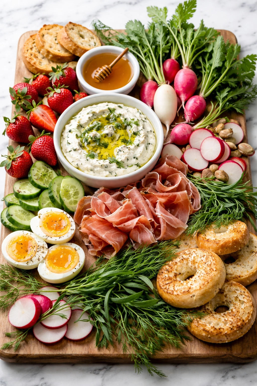 Spring brunch board with strawberries, radishes, herbs, and cheese.