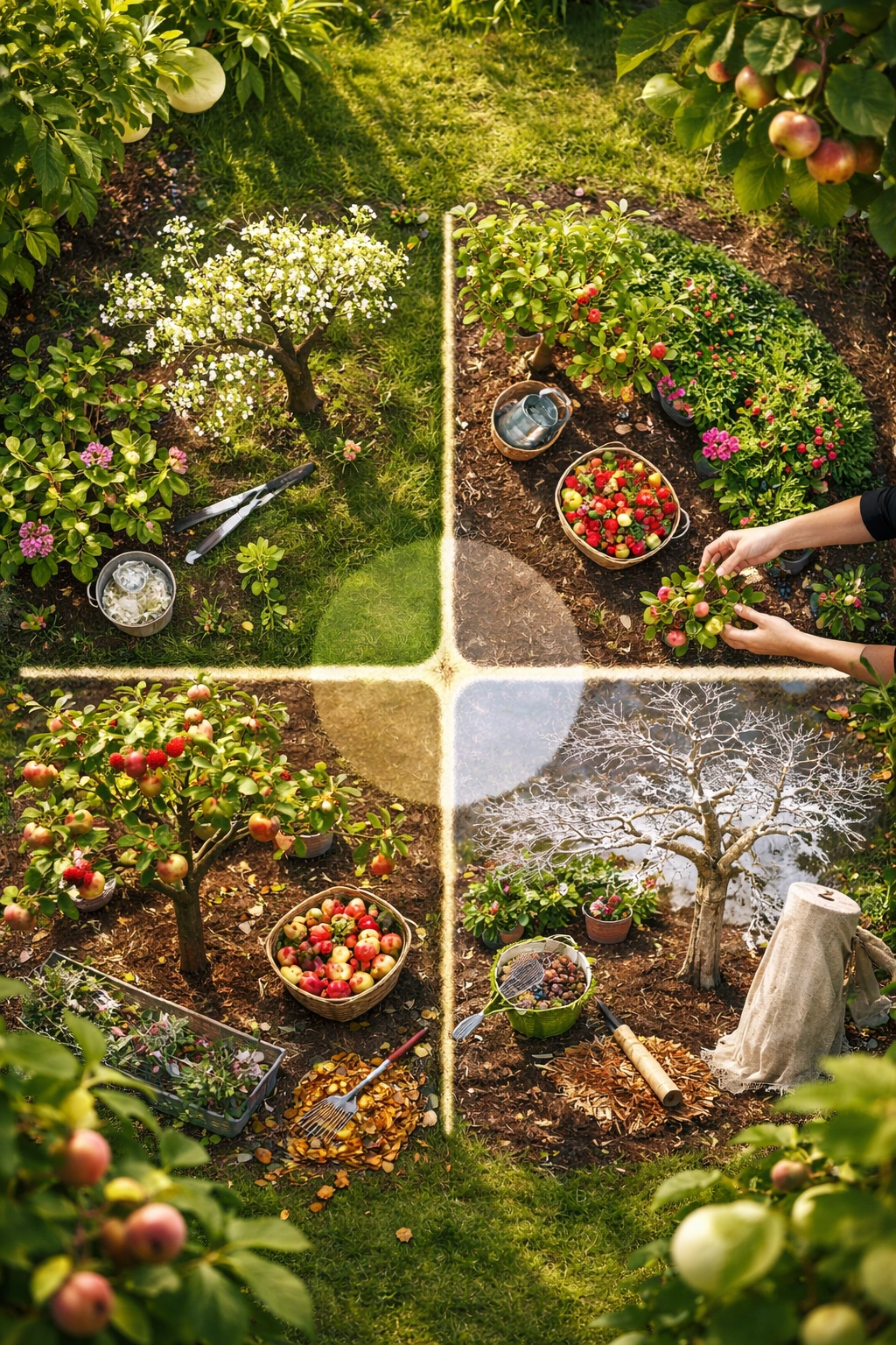 Icon-based four-quadrant board illustrating seasonal care cues for small fruit gardens, no text
