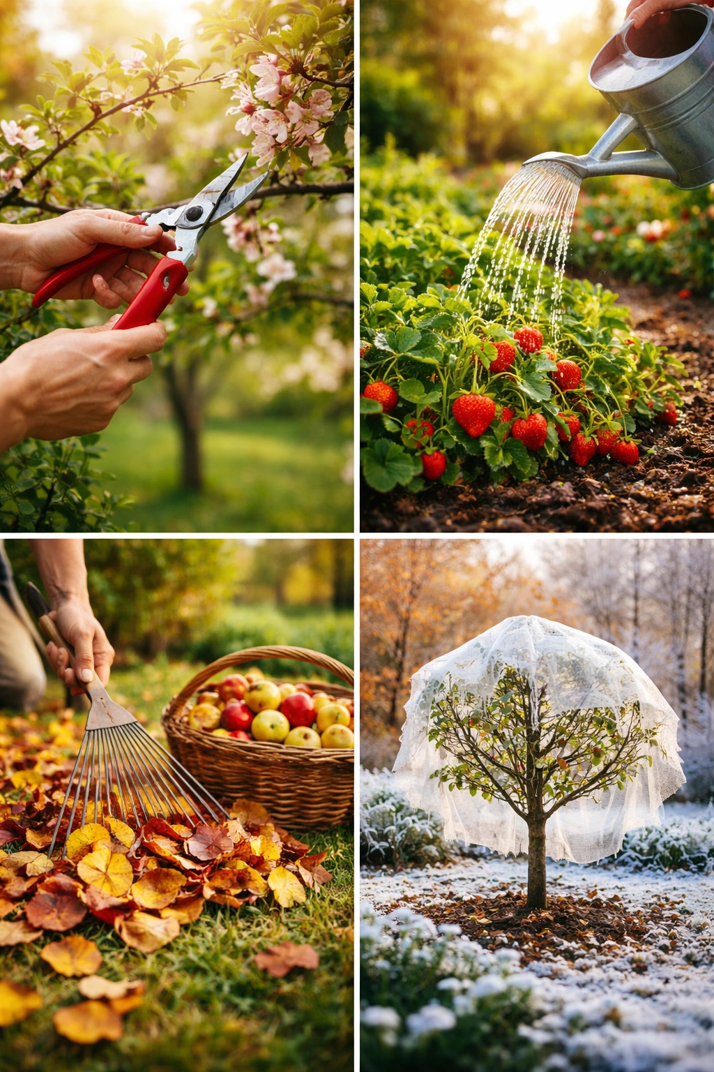 Icons representing seasonal fruit garden care in grid format