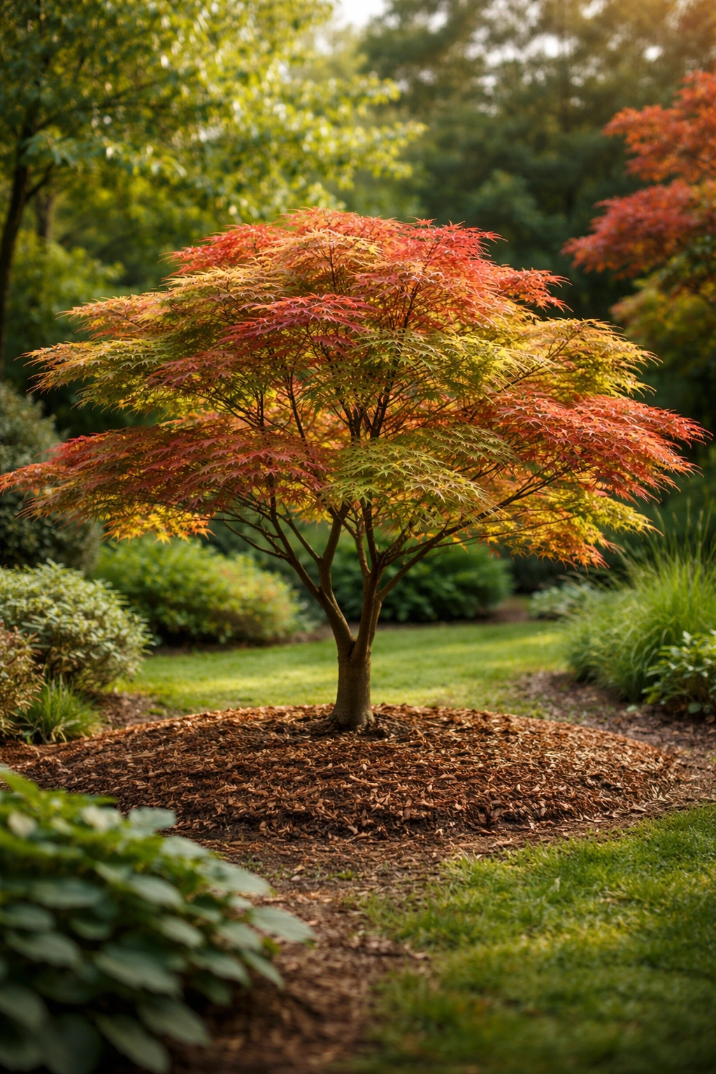 Japanese maple with mulch ring around base in a garden