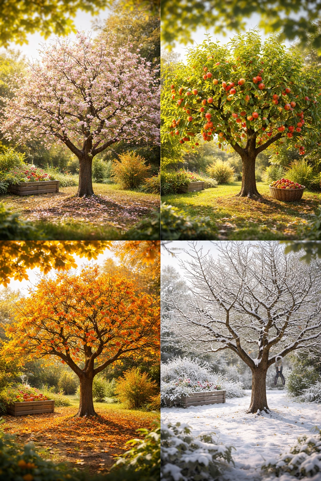 Four-season montage of a fruit tree showing spring blossoms, summer fruit, autumn leaves, and winter branches.