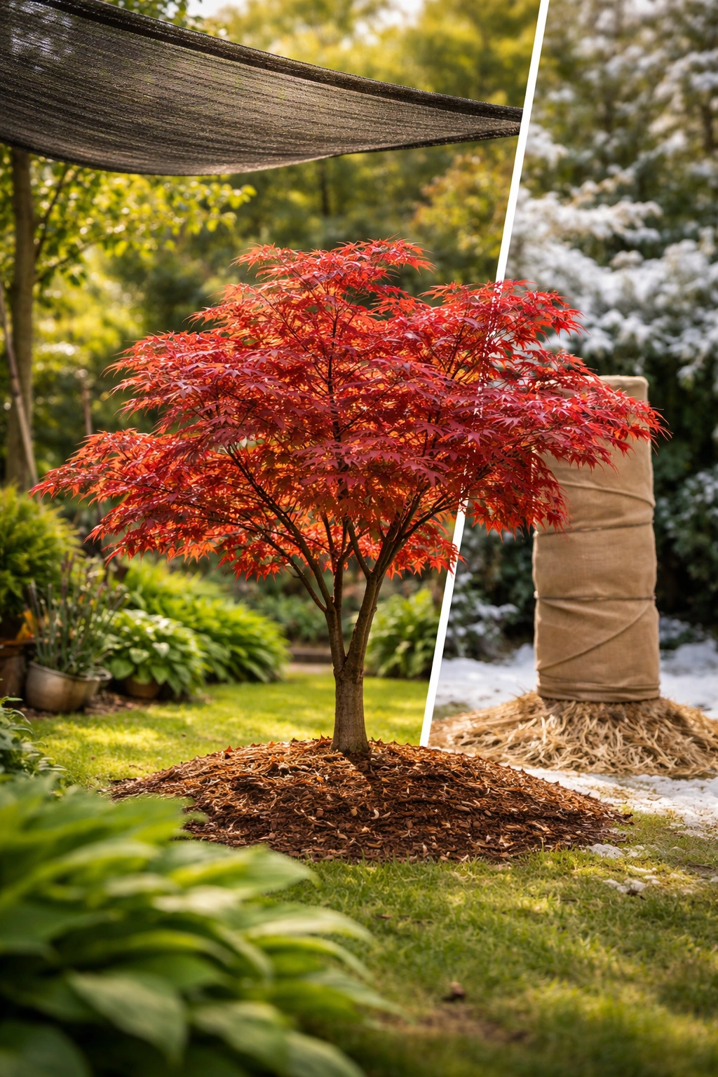 Japanese maple in garden showing summer shade cloth and winter protection with mulch