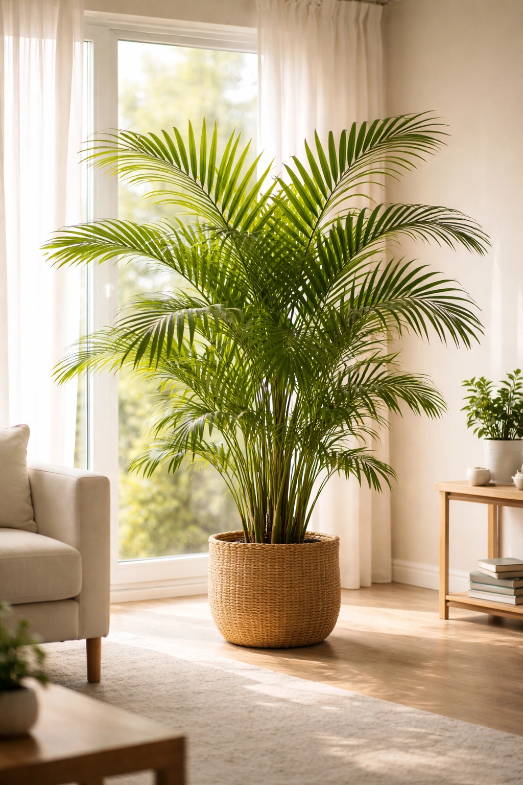 Healthy indoor palm with new growth in bright light