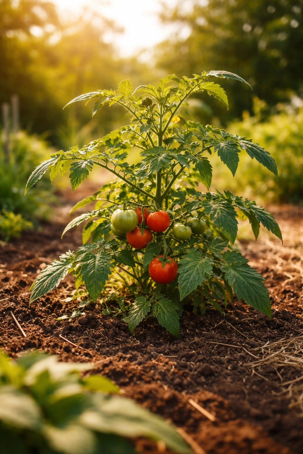 Seasonal care timing tomato plant in sunlit garden bed