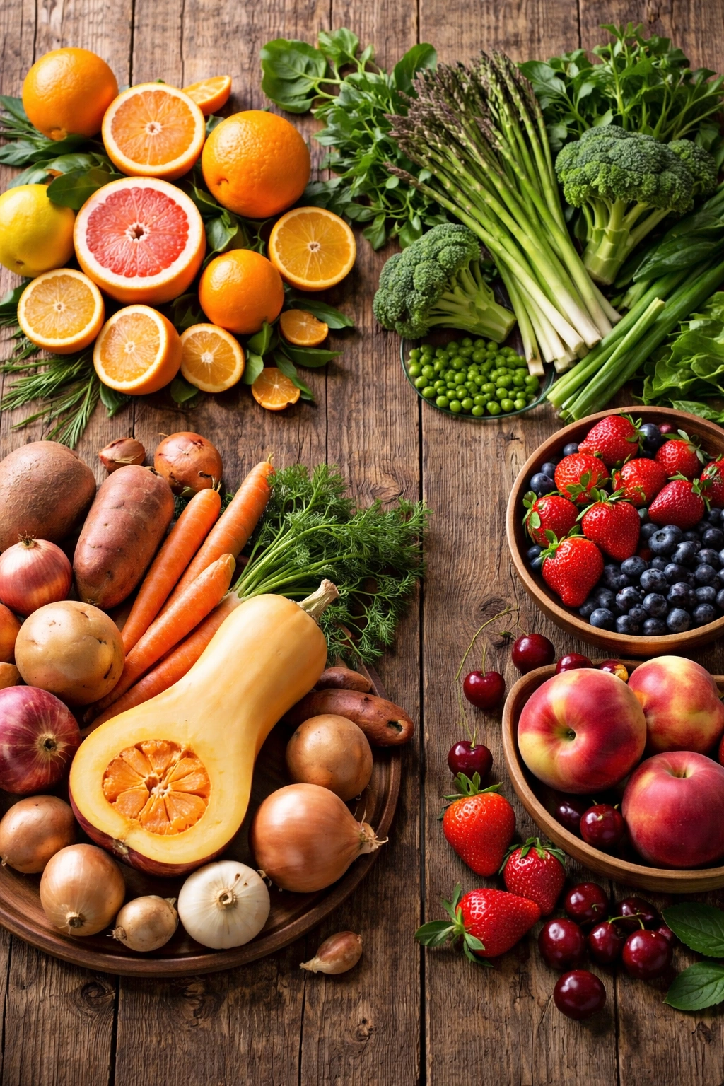 Seasonal produce arranged on wood to show year-round eating affordability