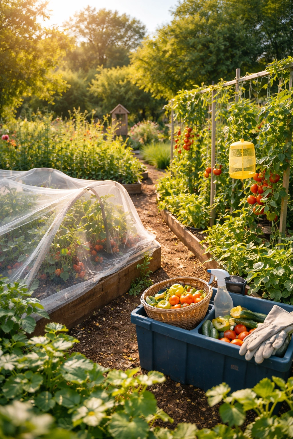 Seasonal fruit fly management garden scene with netting, traps, and sanitation setup