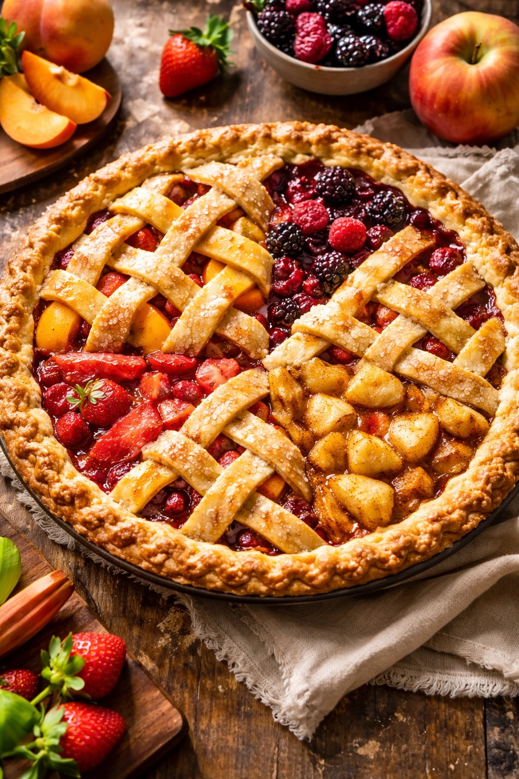 Pie with lattice crust showing multicolor fruit fillings to represent seasonal variations