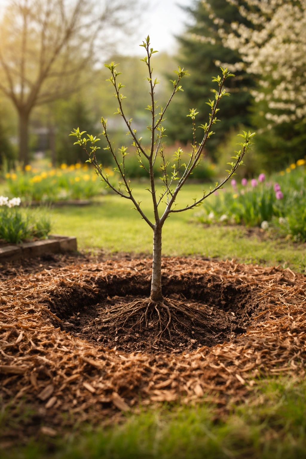Bare-root fruit trees planted in a prepared garden bed with mulch