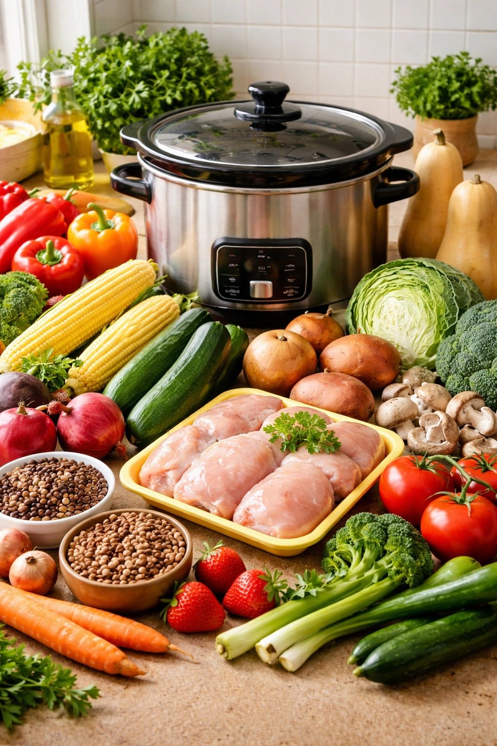 Seasonal produce and chicken arranged on a counter to illustrate seasonal budget choices