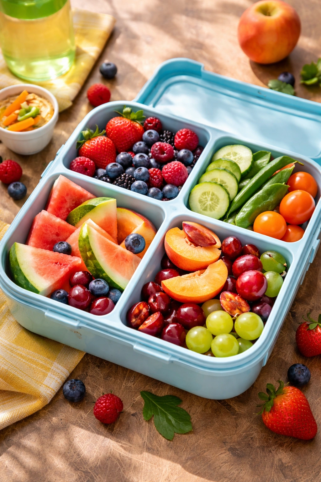 Lunchbox filled with fresh seasonal produce like berries and melon