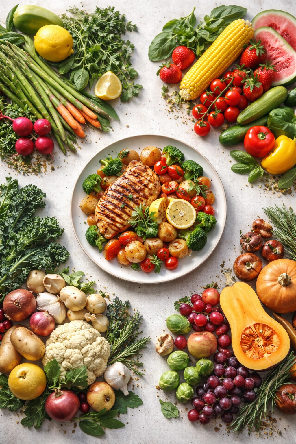 Seasonal produce arranged to illustrate different seasons