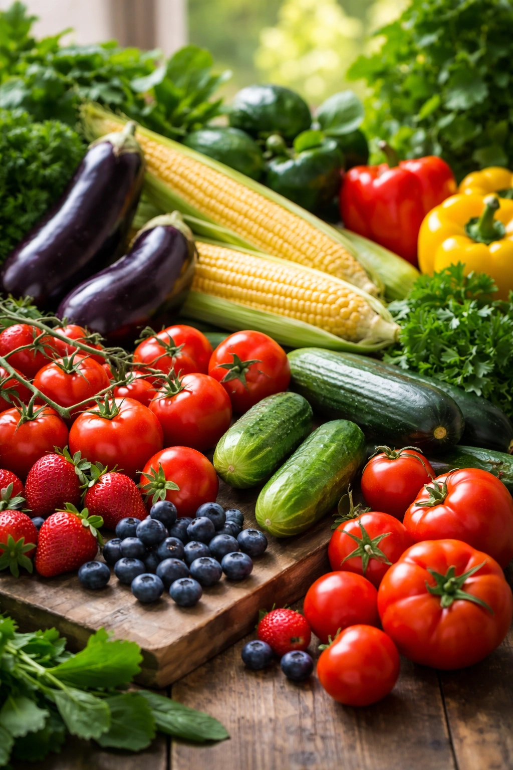 Seasonal produce assortment on wooden table featuring tomatoes, cucumbers, zucchini, capsicum, eggplant, corn, berries, and greens