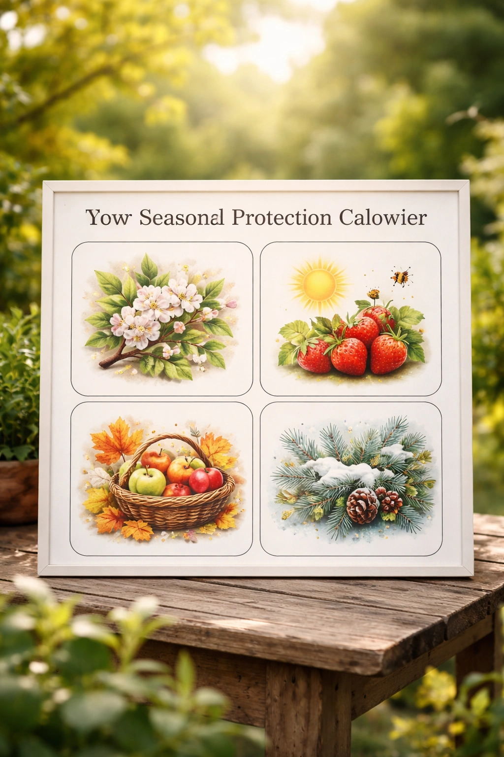 Minimalist seasonal protection calendar concept in a garden panel with four season icons.