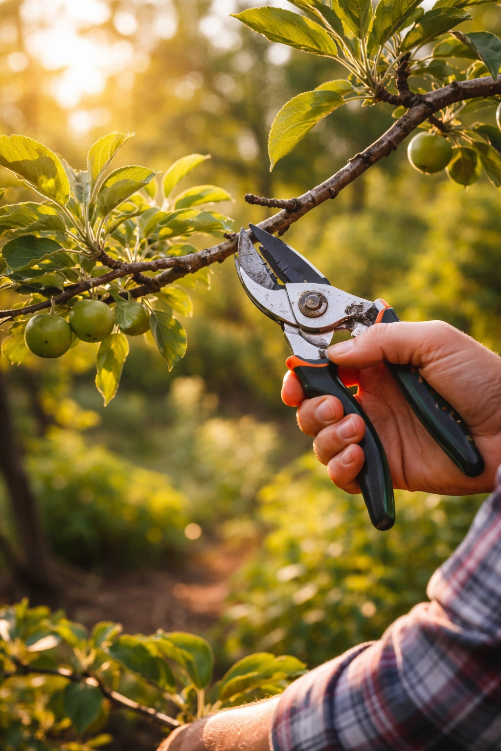 Hand pruning a fruit tree branch in a sunlit garden