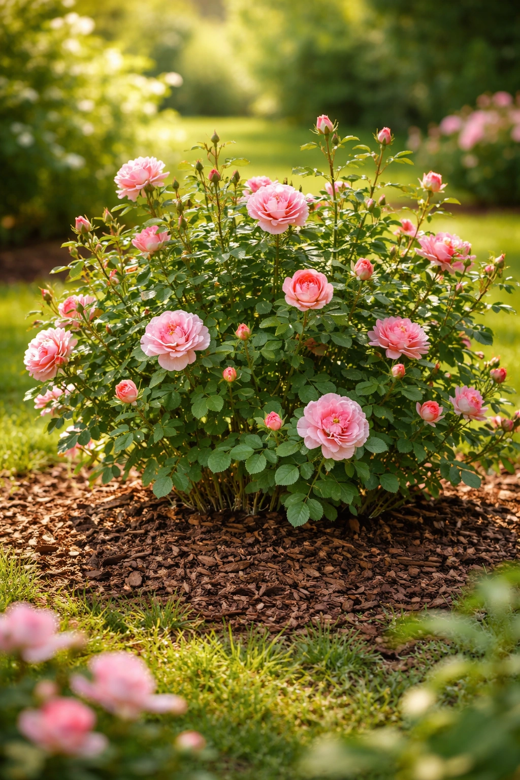 Rose shrub with new growth and mulch in spring garden