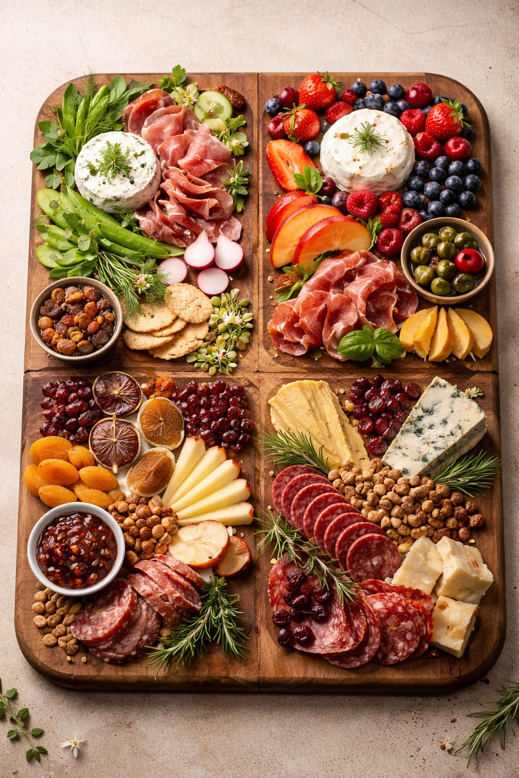 Seasonal variations charcuterie board with spring, summer, fall, and winter ingredients on a rustic board