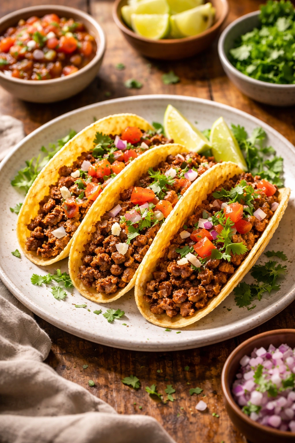 Close-up of seasoned ground beef tacos with fresh toppings on rustic plate